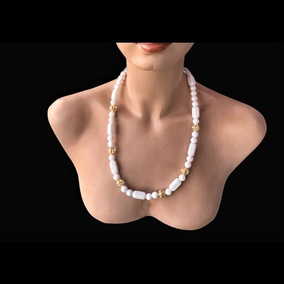 Vintage Crown Trifari white round & rectangle gold lucite bead necklace. - Picture 1 of 7